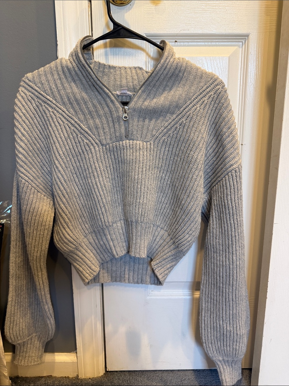 Garage Light Gray Ribbed Half-Zip Cropped Turtleneck Sweater